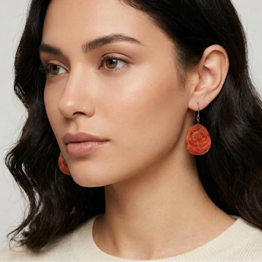 Gorgeous vintage Orange mollusk oyster shell Stone Dangle Earrings